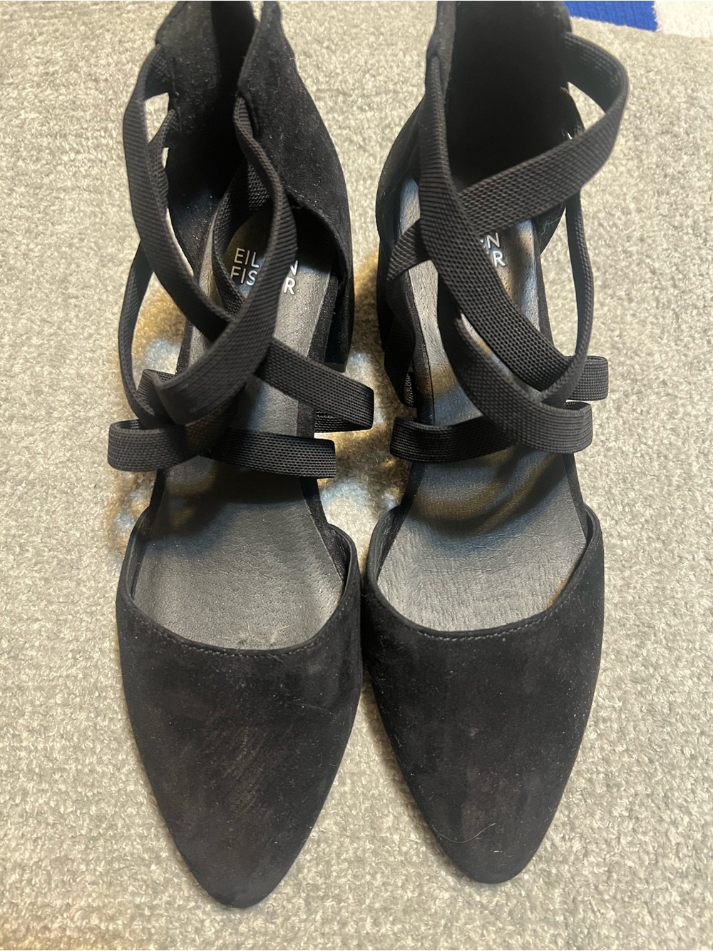 Eileen Fisher Black Suede Pointed Toe Ankle Wrap Heels
